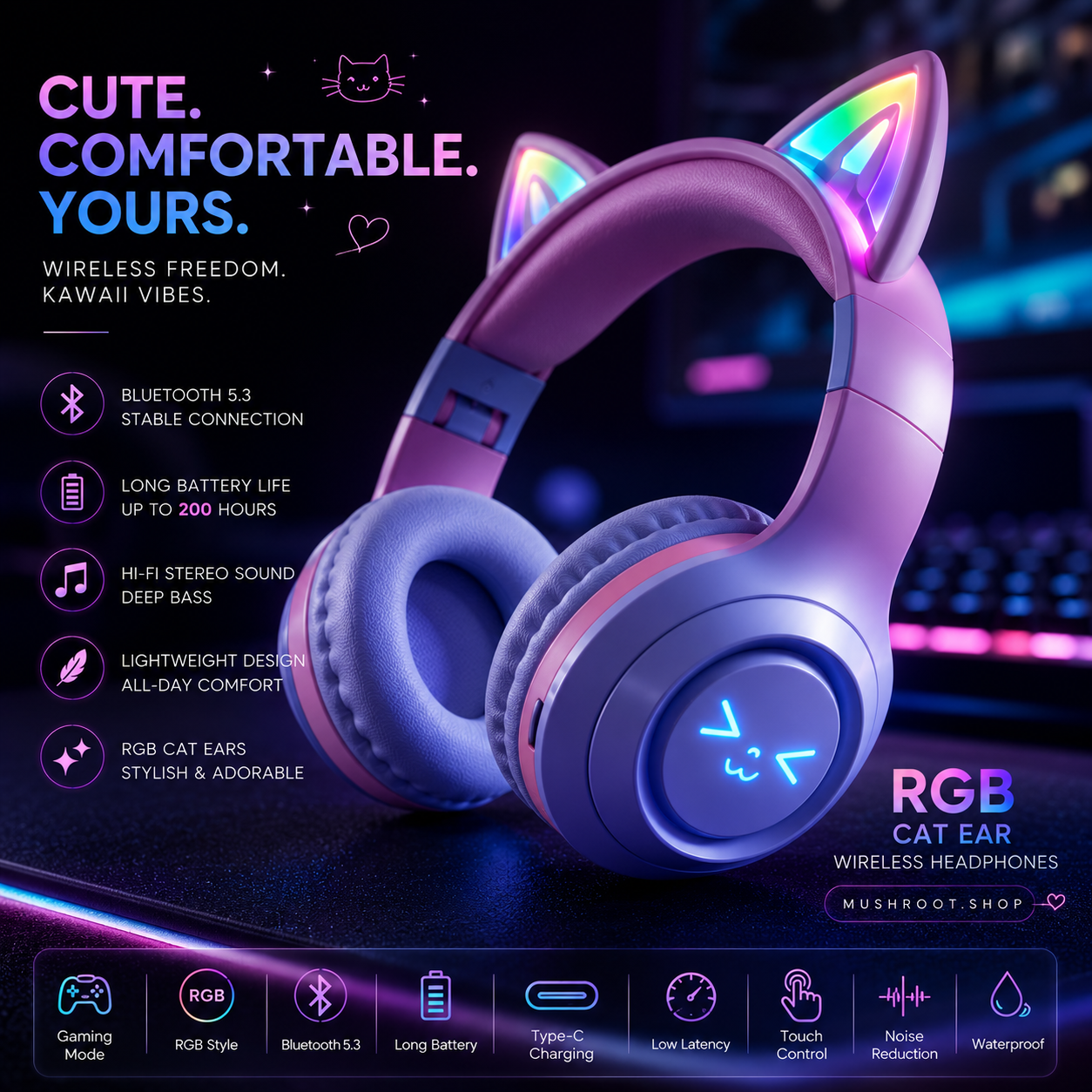 Mushroot Cat Ear Wireless Headphones