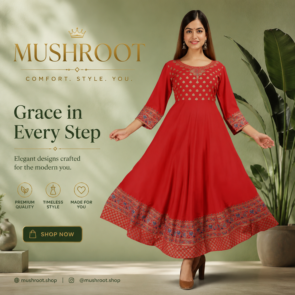 Rayon Printed Anarkali Kurti for Women (Red, S)