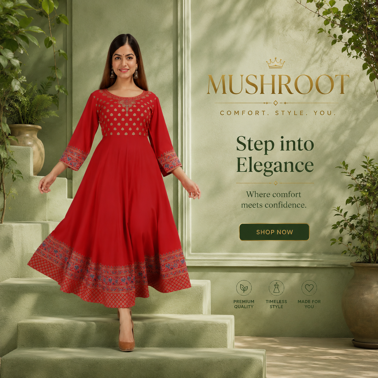 Rayon Printed Anarkali Kurti for Women (Red, S)