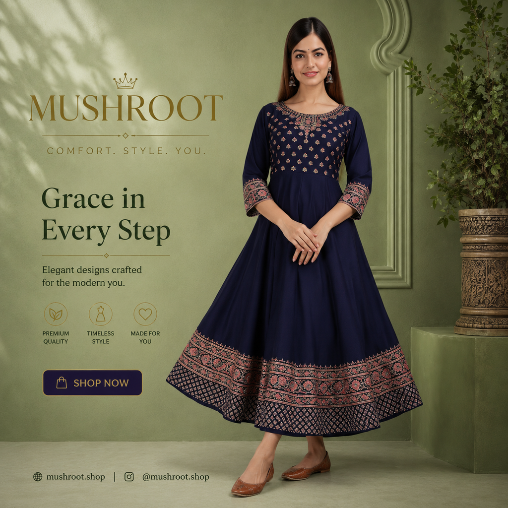Rayon Printed Anarkali Kurti for Women (Blue, S)