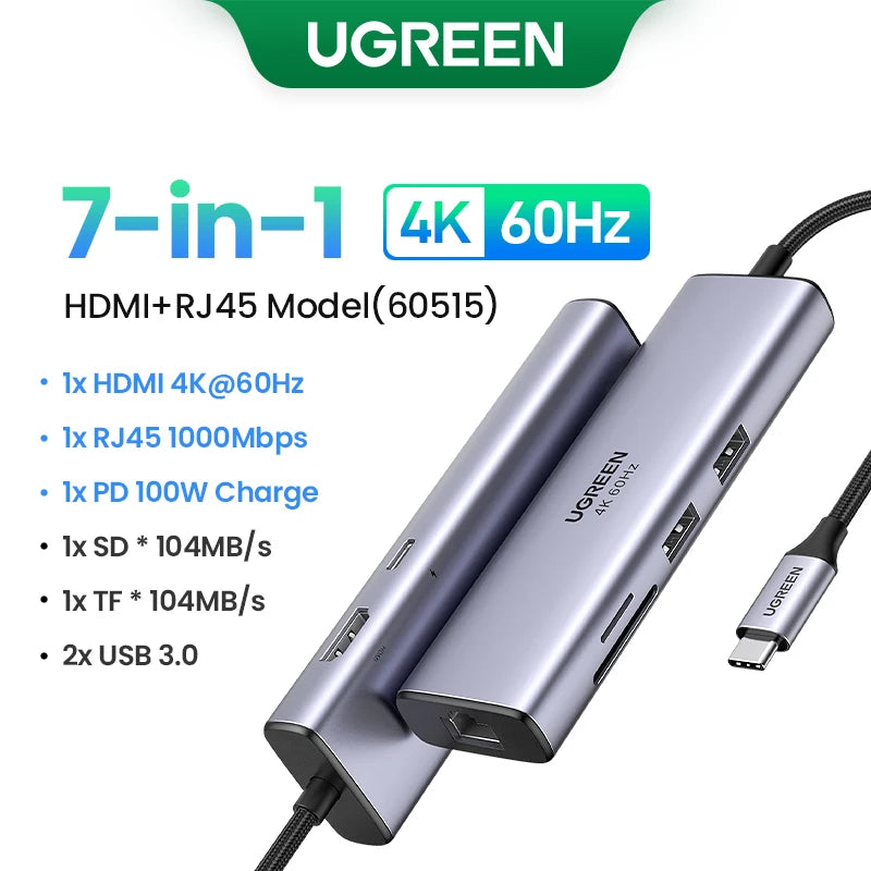 UGREEN 7-in-1 USB-C Hub – 4K@60Hz HDMI, PD 100W, Gigabit Ethernet, SD/TF & USB 3.0 Docking Station