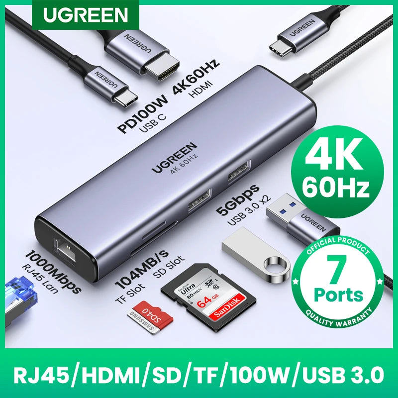 UGREEN 7-in-1 USB-C Hub – 4K@60Hz HDMI, PD 100W, Gigabit Ethernet, SD/TF & USB 3.0 Docking Station