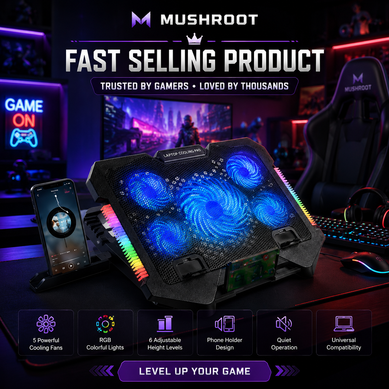Mushroot Multi-Fan RGB Turbo Laptop Cooler